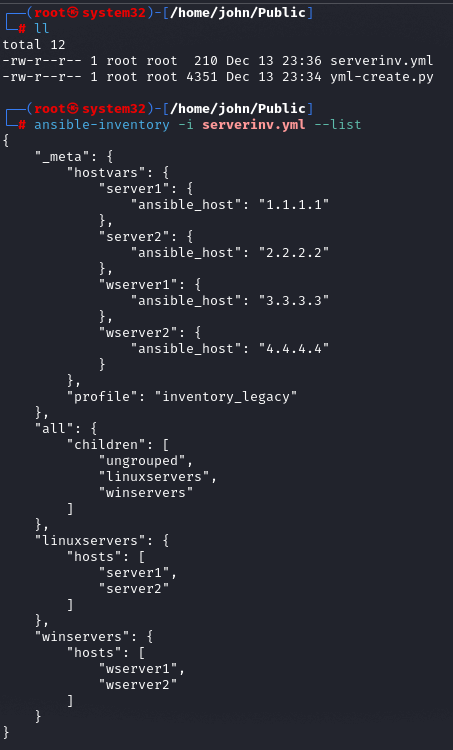 ansible-inventory --list output