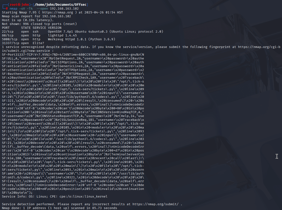 Nmap scan results
