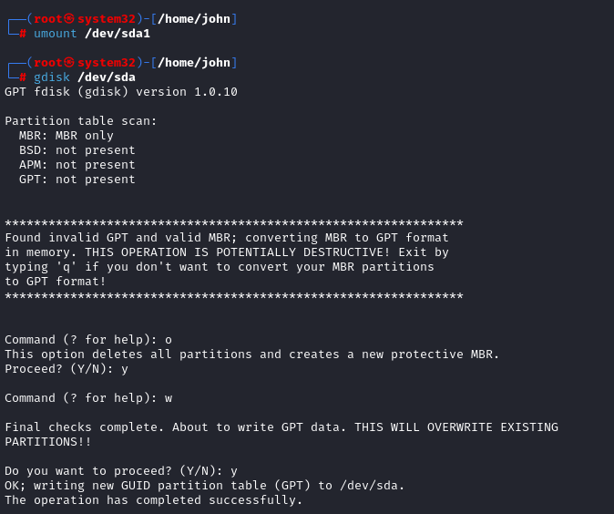 Deleting existing partition