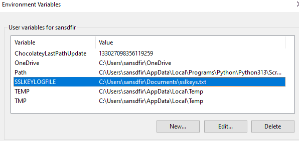 Windows Environment Variables dialog with SSLKEYLOGFILE added