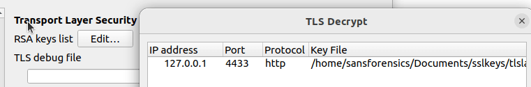 Wireshark TLS RSA Keys List dialog with server private key loaded
