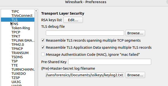 Wireshark TLS preferences with SSLKEYLOGFILE path set