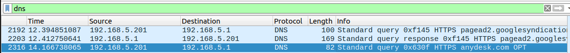 Wireshark filtered on DNS — anydesk.com and google hostnames visible