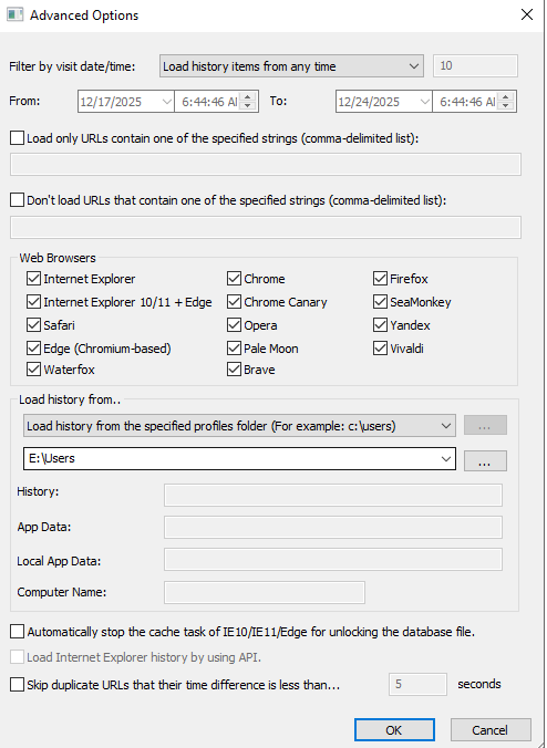 BrowsingHistoryView Advanced Options for time frame and user folder selection