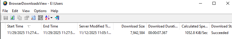 Download details in BrowserDownloadsView showing AnyDesk.exe download at 11:27, succeeded, path C:\Users\vboxuser\Downloads\AnyDesk.exe