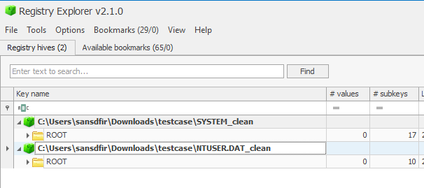 Registry Explorer loading SYSTEM and NTUSER.DAT hives