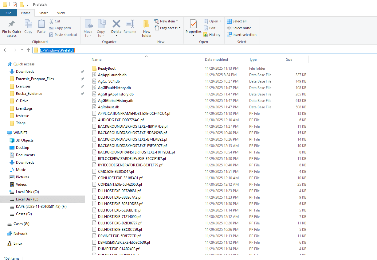 Prefetch files in Explorer, sorted, no ANYDESK.EXE pf file