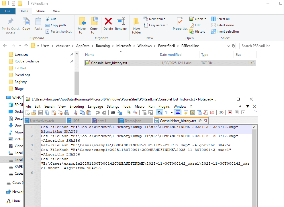 ConsoleHost_history.txt open, showing DFIR commands like Get-FileHash, no user commands