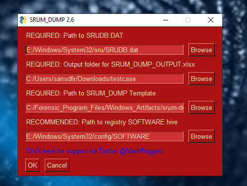 SRUM Dump tool interface with paths set