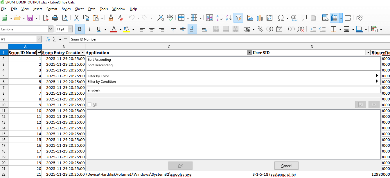 SRUM output Excel, searched for AnyDesk, no results