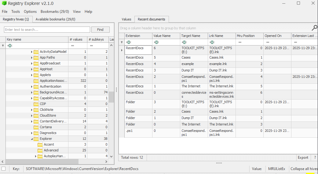 Recent documents in Registry Explorer showing .LNK files