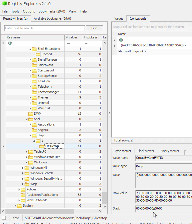 Recent documents in Registry Explorer showing .LNK files