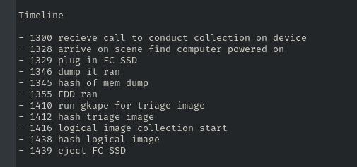 Timeline of collection actions in local time